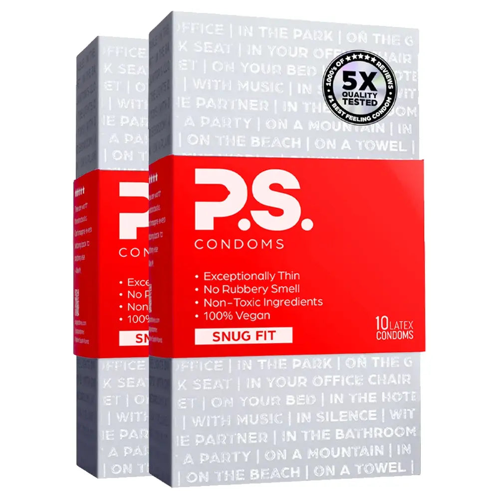 Two P.S. snug fit ultra-thin vegan condoms 10-pack boxes, red front on white background