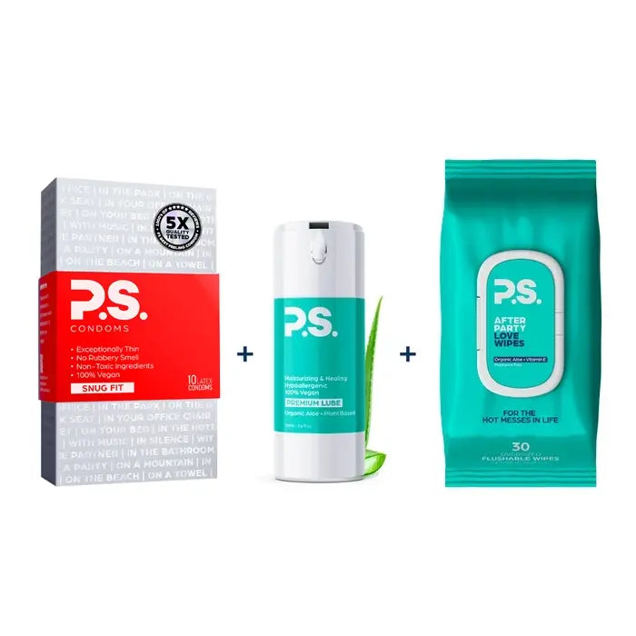 The Threesome bundle: P.S. snug fit condoms 10-pack, organic aloe lube and After Party Love Wipes