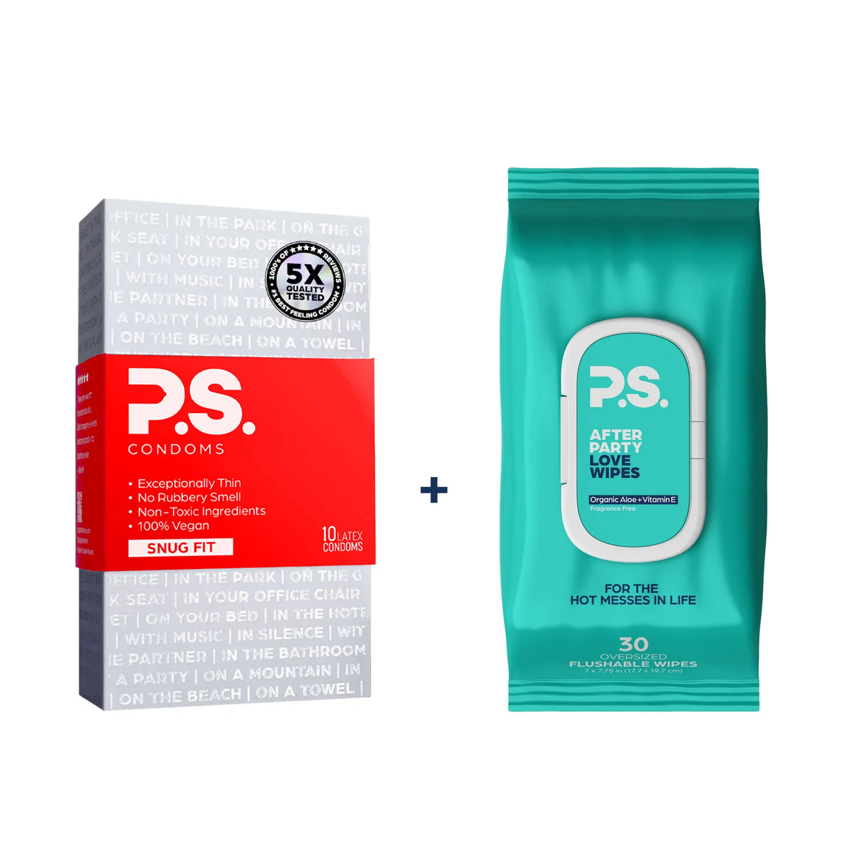 Double Trouble bundle: P.S. snug fit ultra-thin condoms 10-pack with After Party Love Wipes